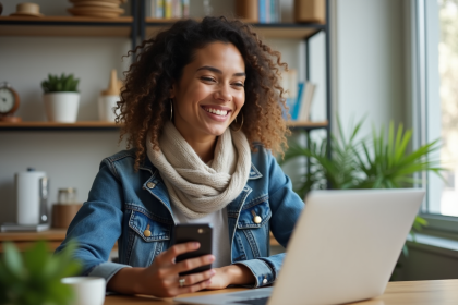 Femme souriante utilisant smartphone dans sa cuisine lumineuse