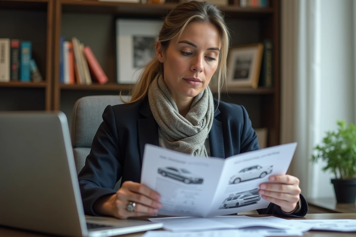 Femme analysant un rapport de voiture dans son bureau