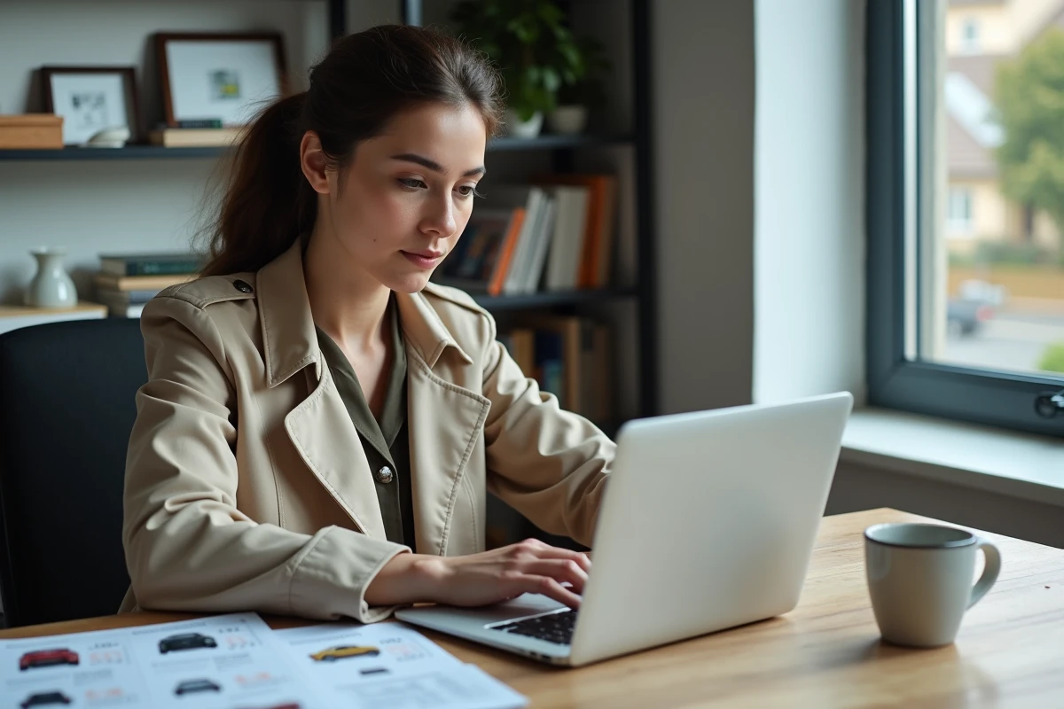 Femme comparant des voitures sur un site d'actualité automobile depuis son bureau à domicile