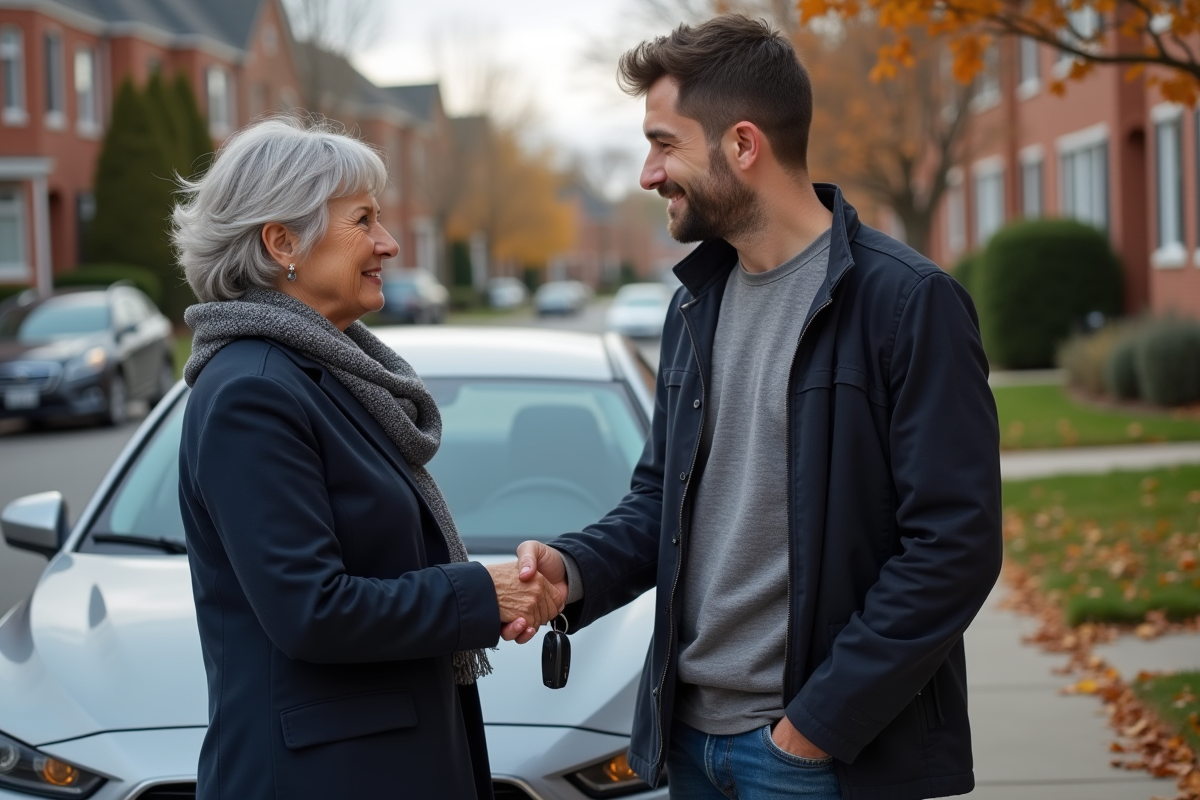 Femme d'âge moyen remet des clés de voiture à un jeune homme souriant