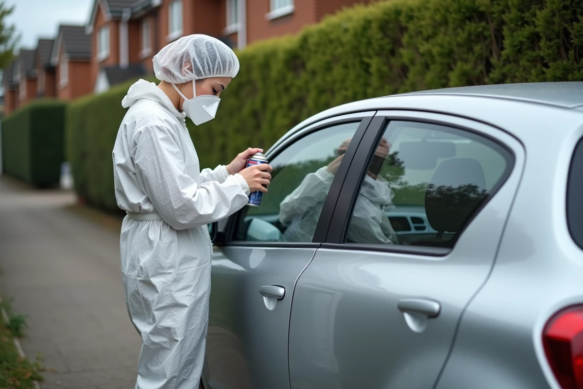 Femme inspectant la rénovation d'une portière de voiture après application de peinture en bombe