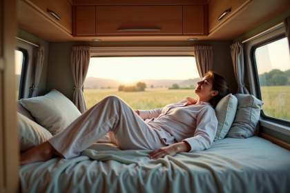 Femme détendue dans un van en voyage avec vue sur la campagne