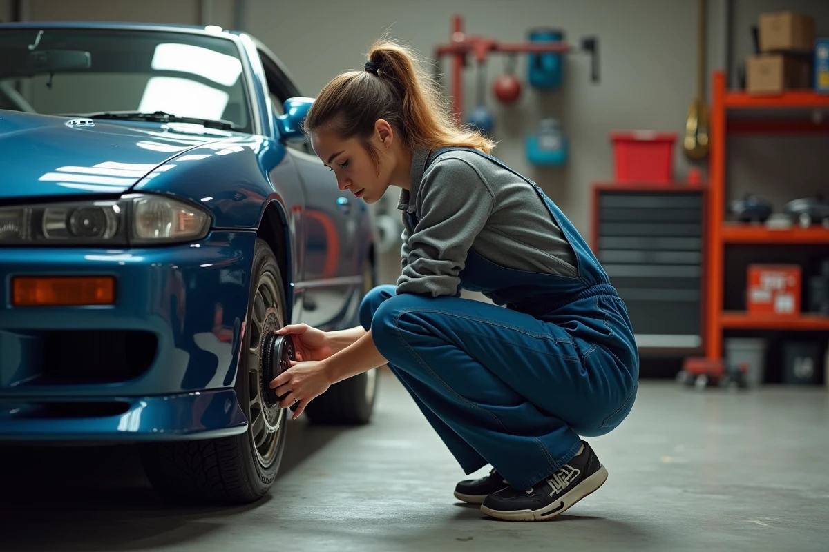 Femme installant un disque de frein sur une Nissan Silvia