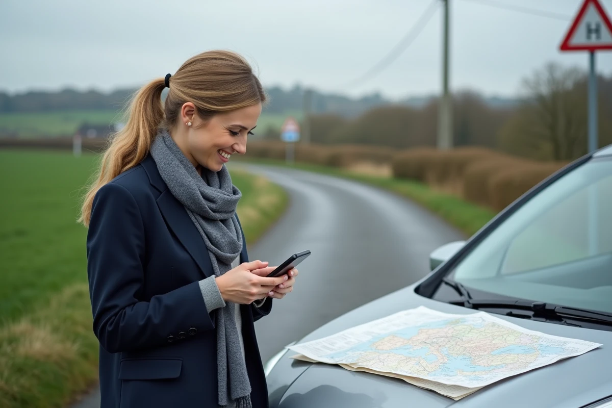 Femme souriante avec carte et téléphone au bord de la route