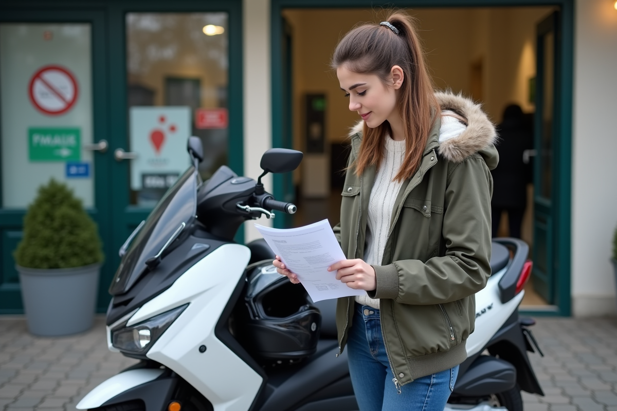 Jeune femme avec casque et scooter devant école de conduite