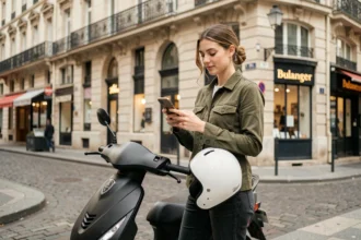 Jeune femme parisienne avec un scooter urbain noir consultant son téléphone pour comparer des assurances scooter