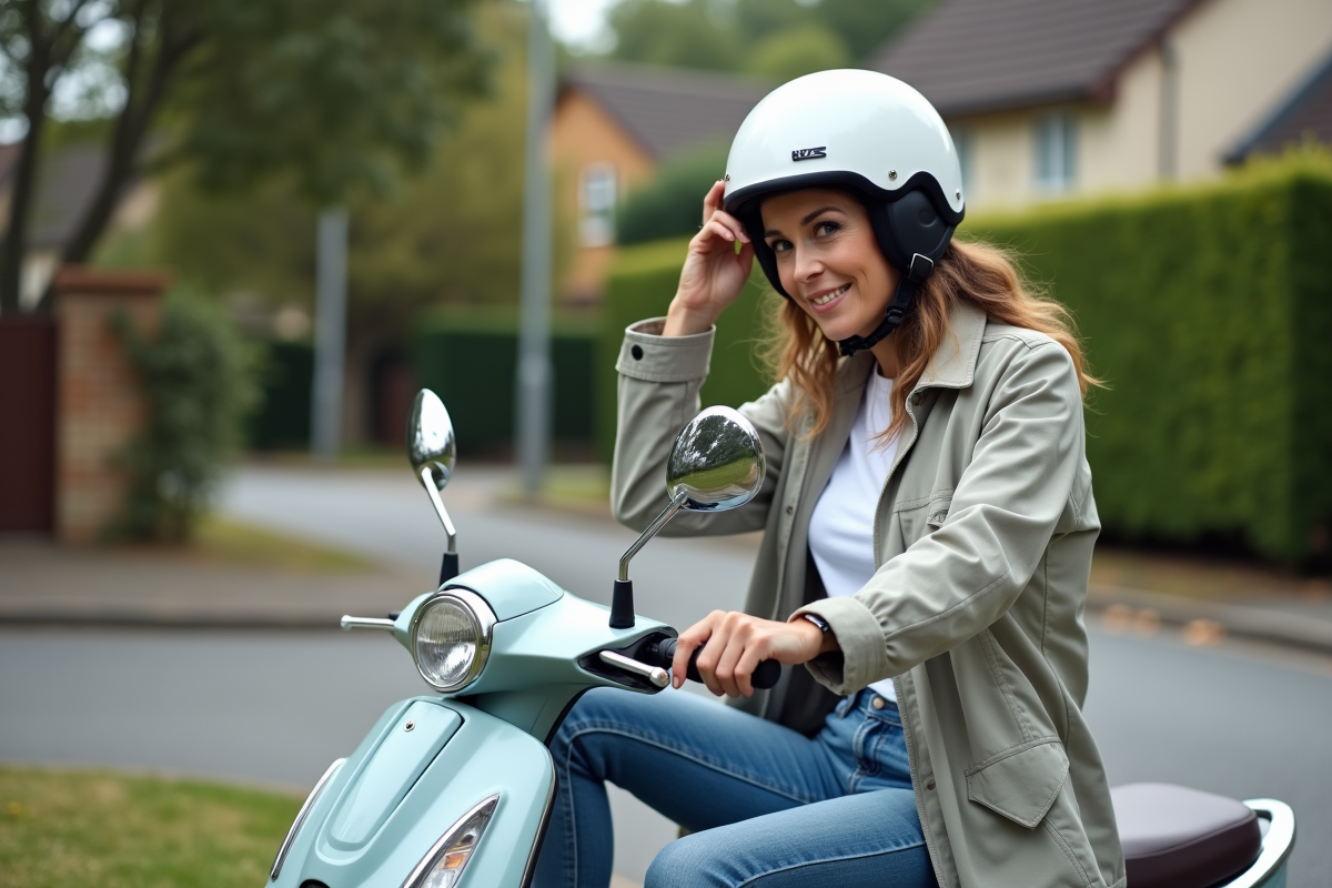 Femme en casque sur scooter dans quartier résidentiel