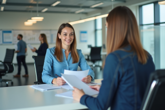 Femme donnant des papiers à un agent dans un bureau moderne