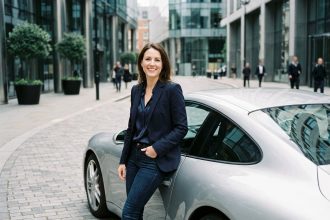 Femme élégante en blazer navy près d'une Porsche en ville