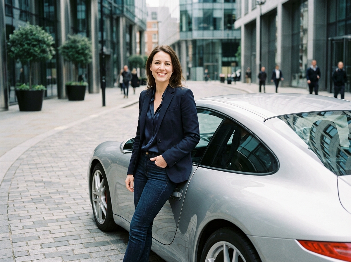 Femme élégante en blazer navy près d'une Porsche en ville