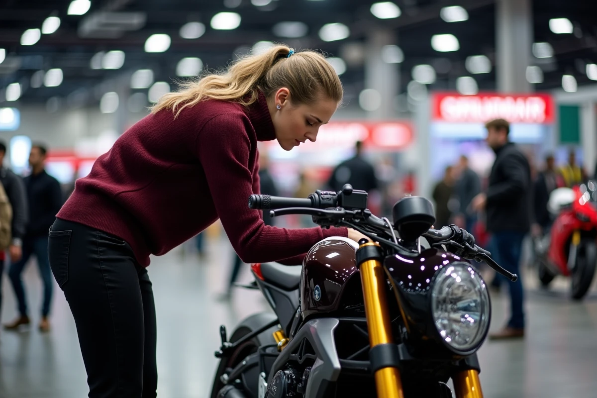 Femme examinant une moto sportive sur un stand du Salon du 2 Roues de Lyon