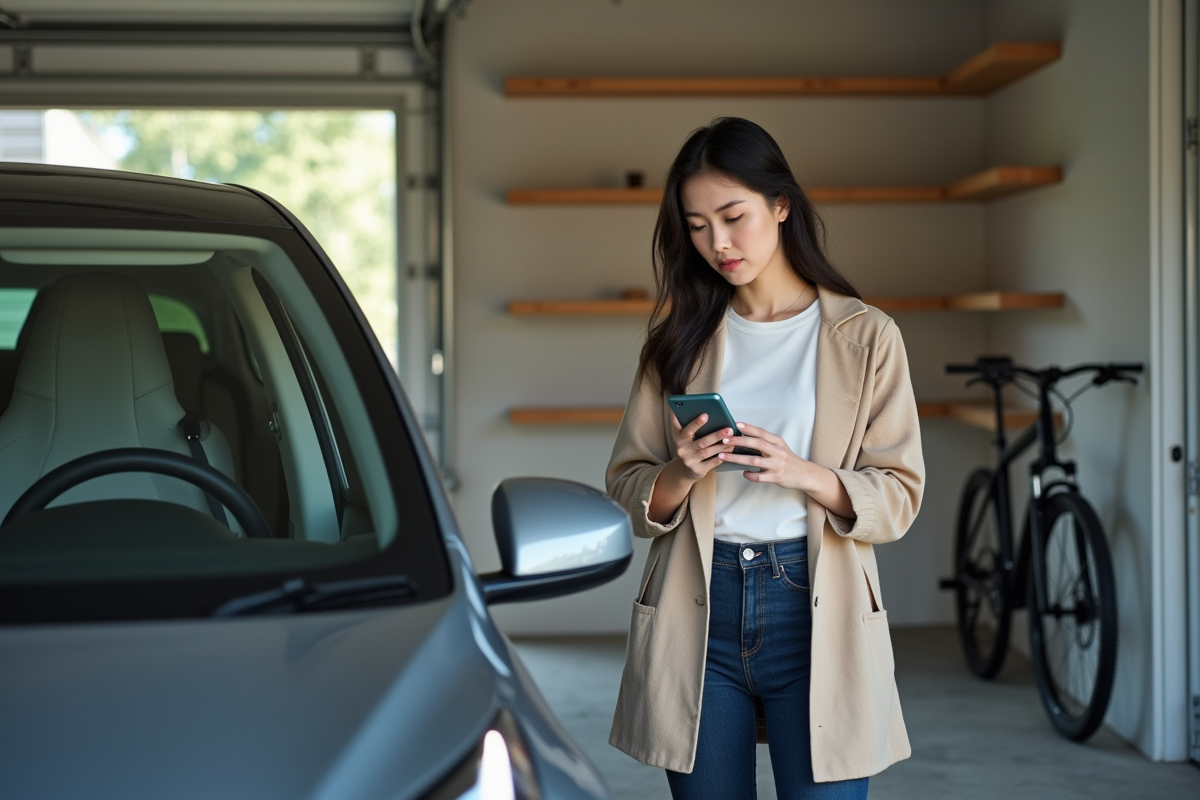 Femme vérifiant le statut de charge de sa voiture électrique dans un garage moderne