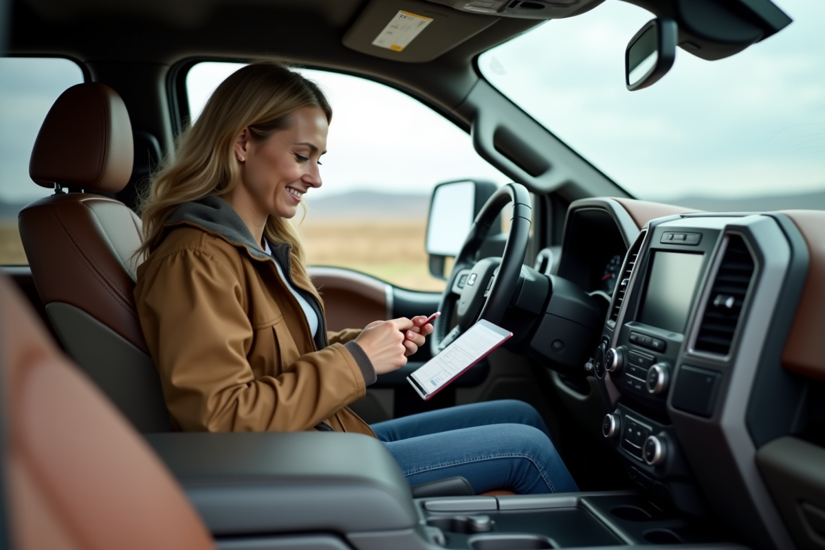 Femme dans le camion vérifiant une checklist