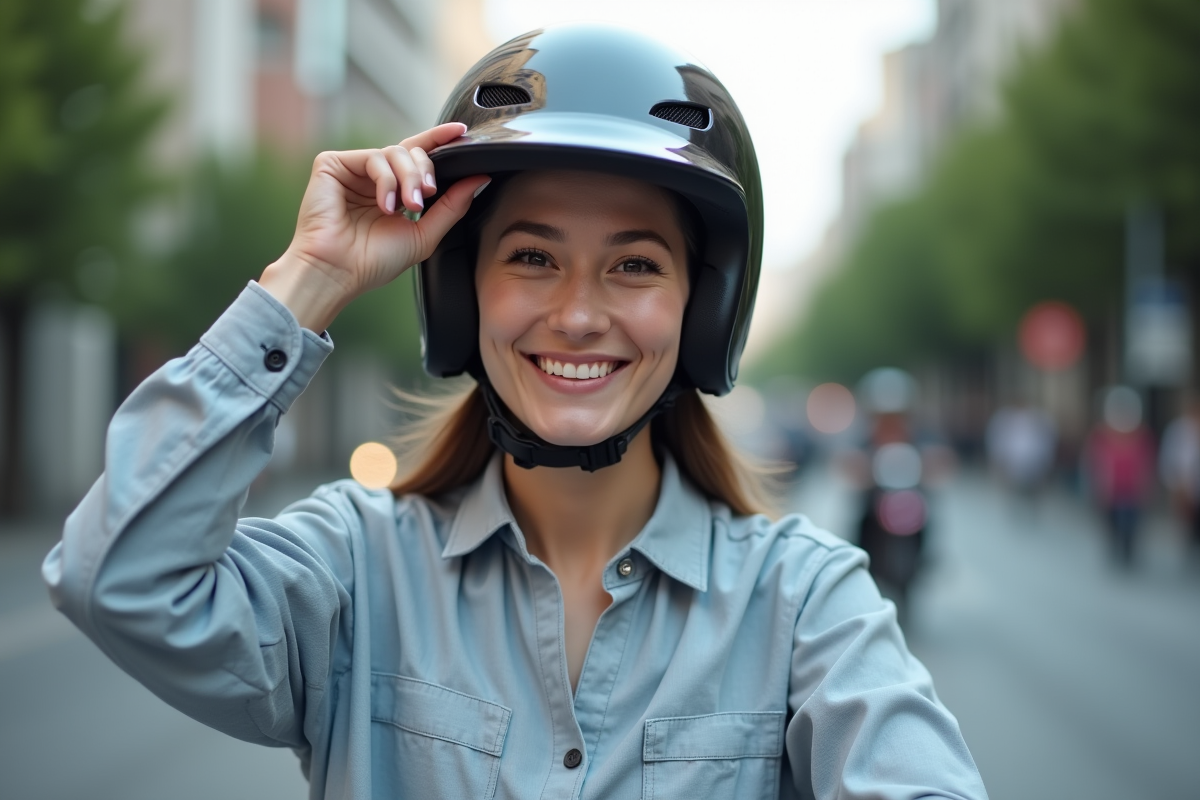 Femme ajustant son casque moto dans une rue urbaine