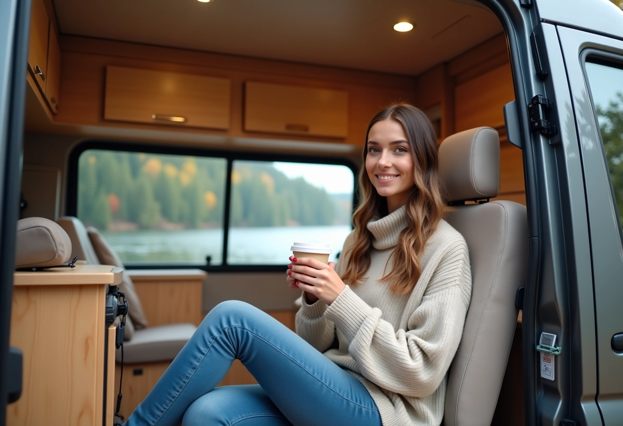 Femme souriante dans un van cosy au bord d