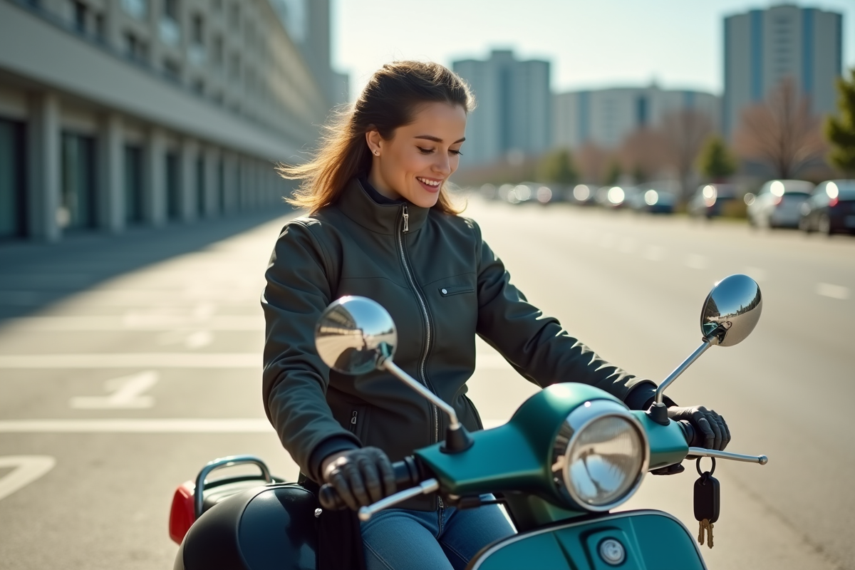 Femme vérifiant le tableau de bord d’un scooter en ville