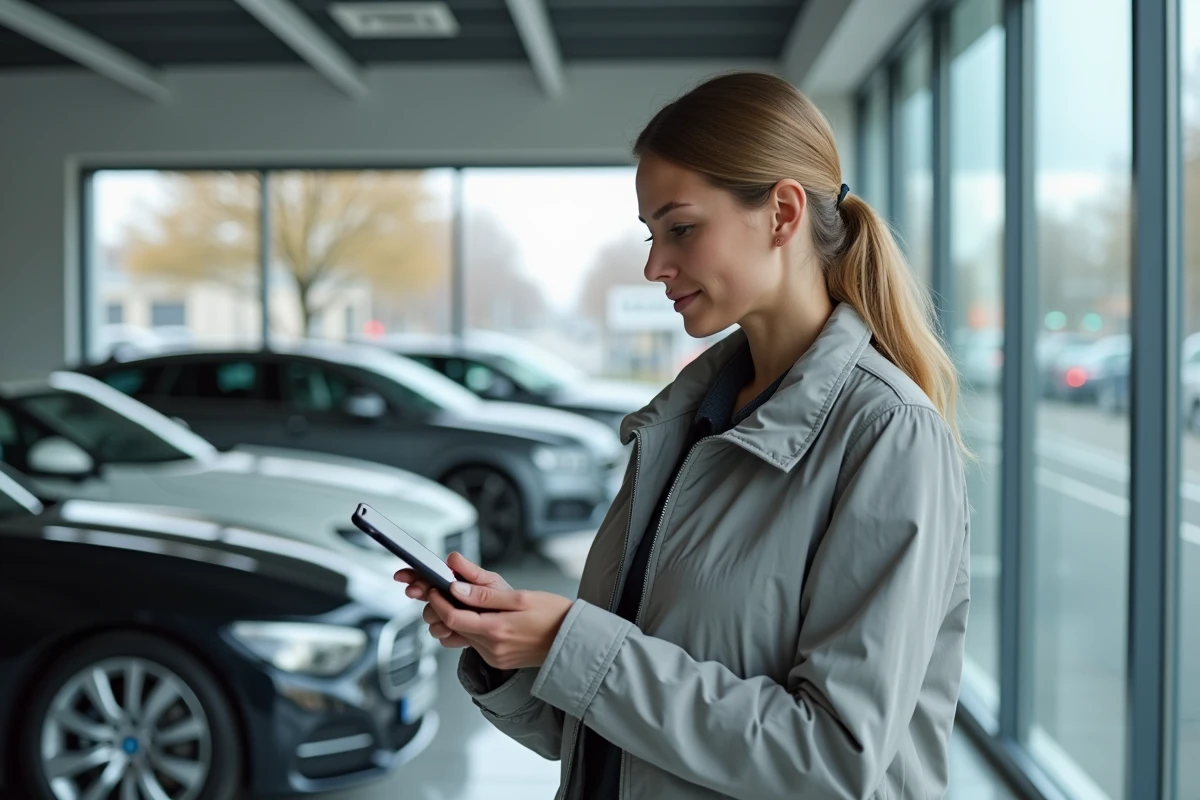 Femme dans un showroom automobile belge vérifiant l'acceptation de sa plaque d'immatriculation sur smartphone