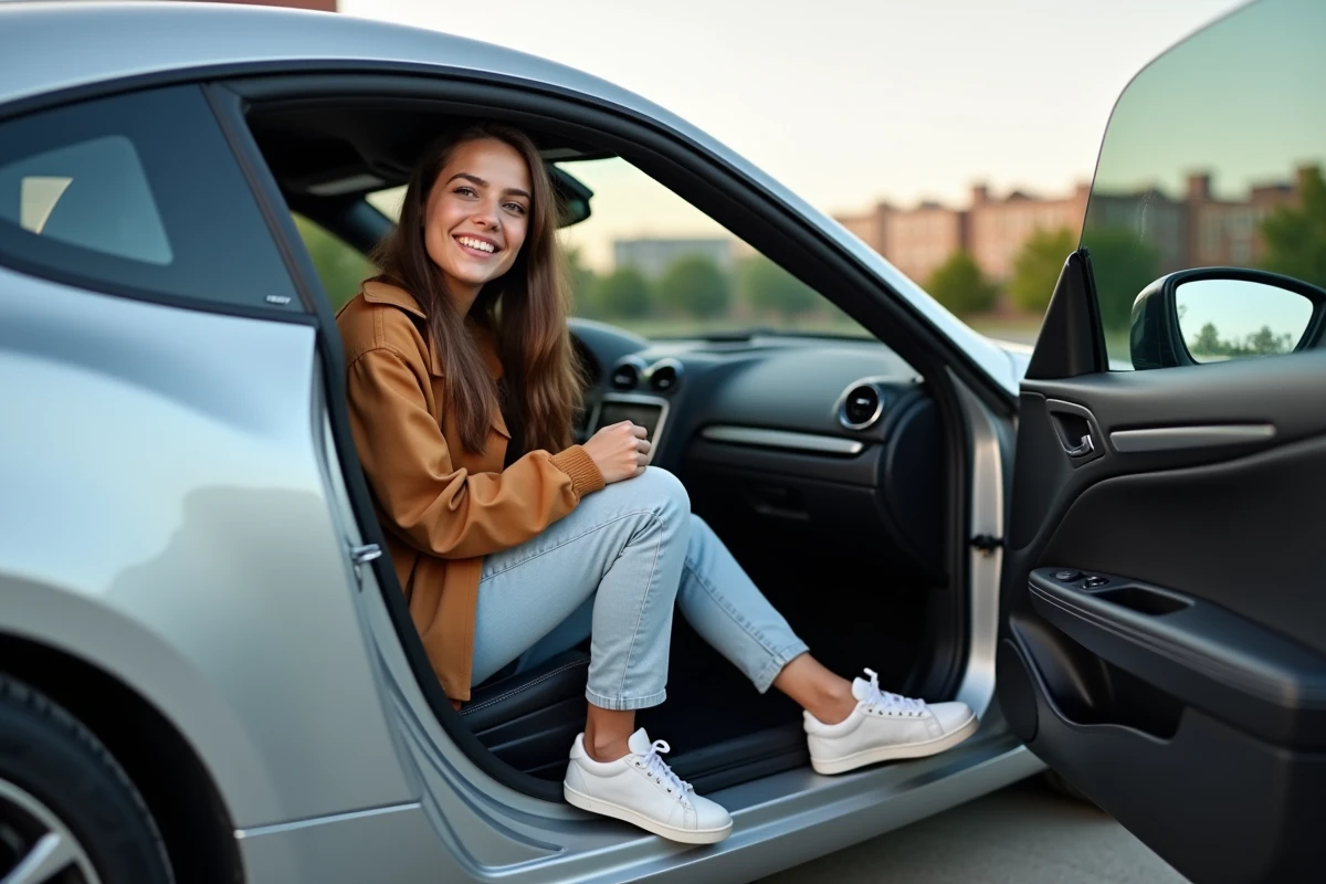Jeune femme dans une voiture compacte argentée