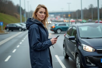 Femme dans un parking Vinci Autoroutes La Chapelle Saint Mesmin regardant son téléphone
