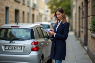 Femme vérifiant documents à côté d'une voiture en ville