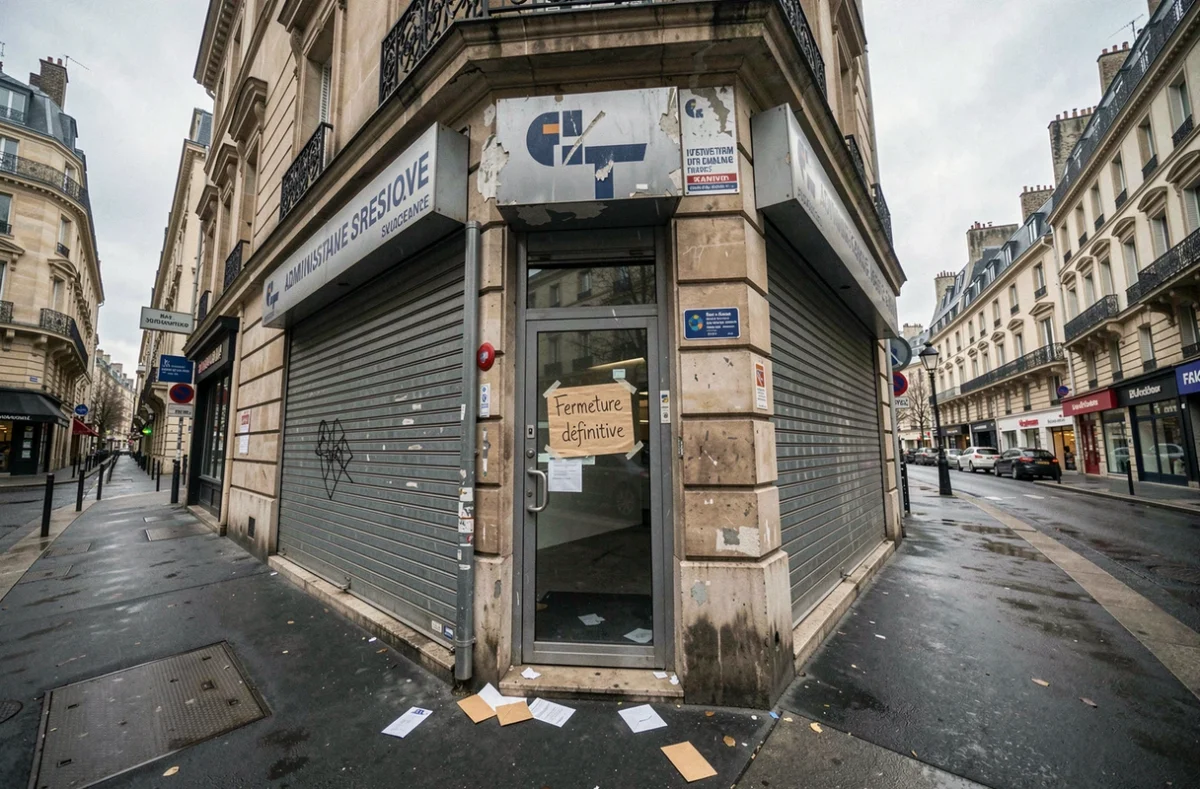 Devanture fermée d'un prestataire de carte grise en France avec panneau de fermeture définitive
