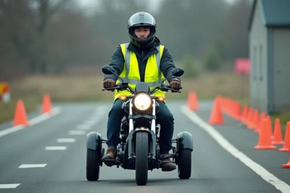 Homme en tenue de sécurité sur un scooter 3 roues lors d'une formation permis en auto-école