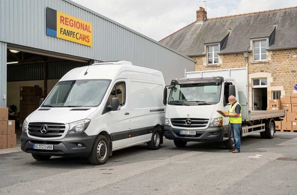 Camionnette de déménagement et utilitaire France Cars dans le parking d'une agence régionale de location