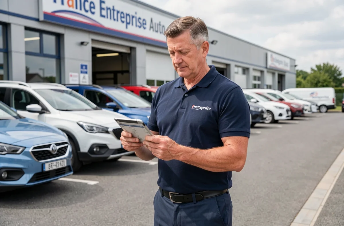 Responsable de France Entreprise Auto devant la flotte de véhicules de l'entreprise avec une tablette