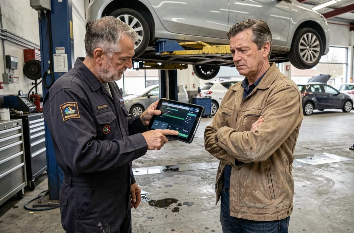 Mécanicien et propriétaire de voiture examinant des données de diagnostic dans un garage automobile professionnel