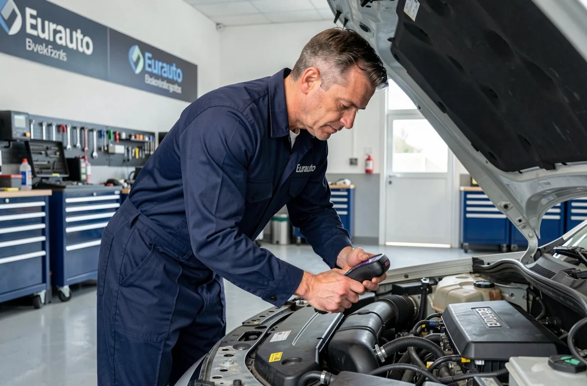Mécanicien du Garage Eurauto effectuant un diagnostic moteur sur un véhicule dans son atelier moderne