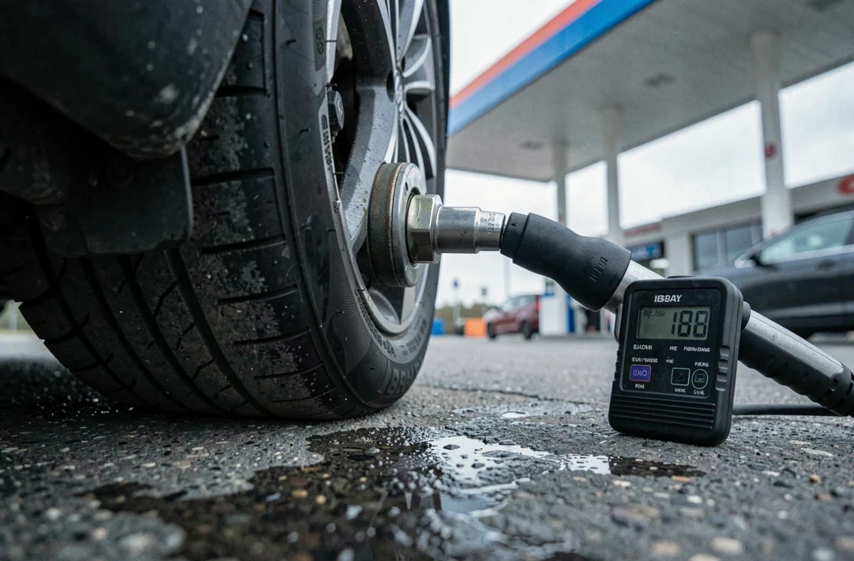 Gros plan sur la valve de pneu d'une Seat Ibiza raccordée à un gonfleur numérique dans une station-service autoroutière