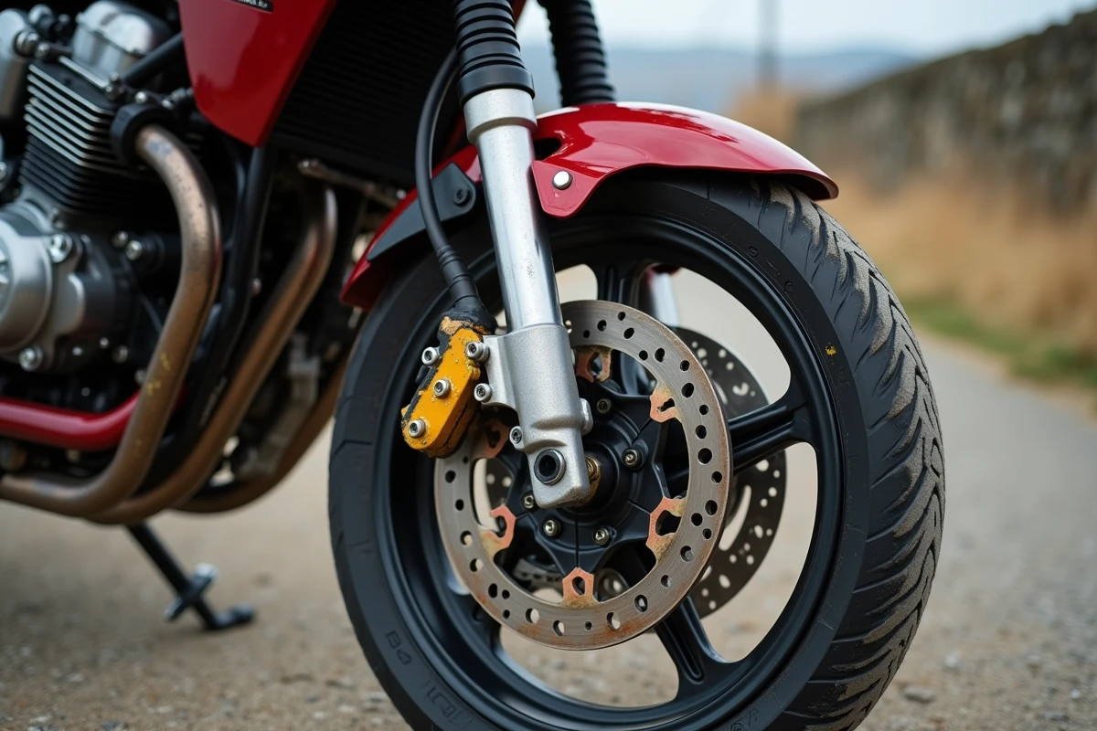 Gros plan sur la fourche et l'étrier de frein usés d'une Honda CB 900, points faibles courants à surveiller