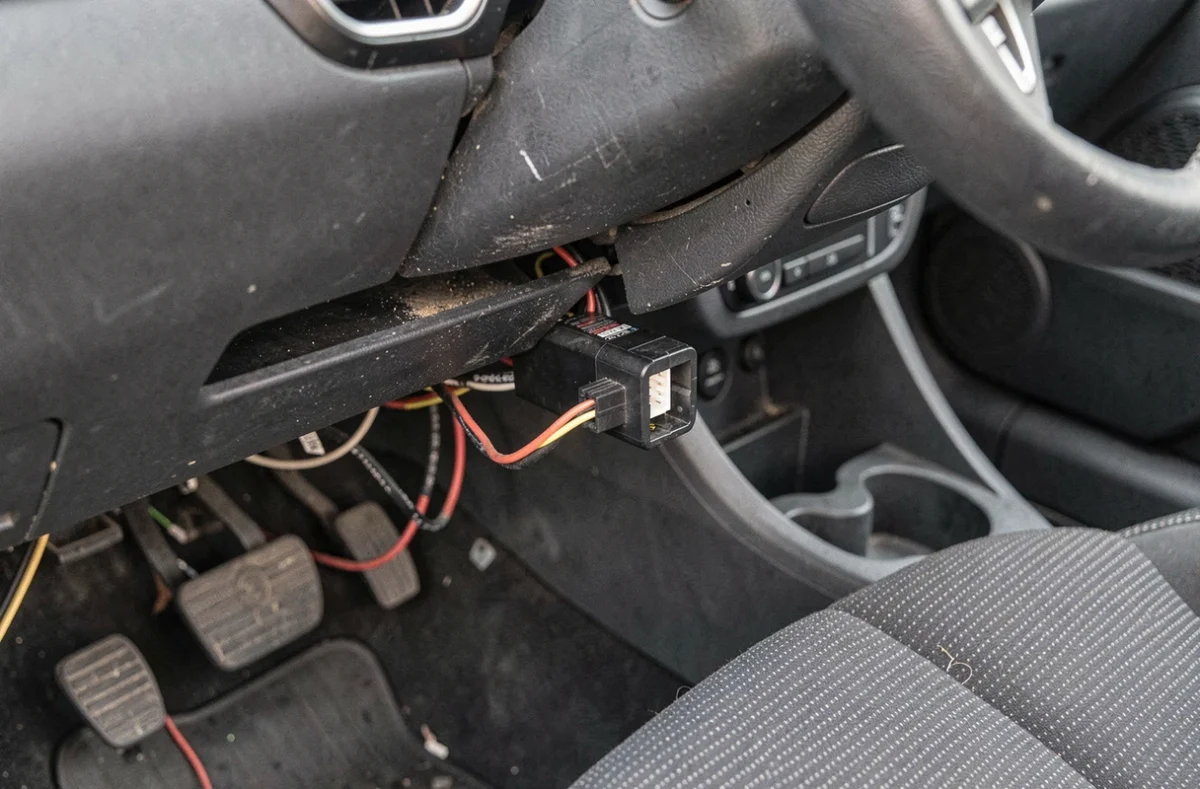 Gros plan sur le module anti-démarrage et le câblage sous le tableau de bord d'une Clio 2