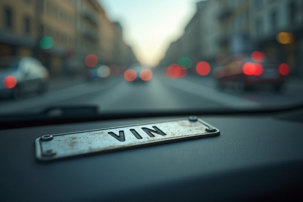 Gros plan sur le numéro VIN gravé sur la plaque de tableau de bord d'une voiture, visible depuis l'extérieur à travers le pare-brise