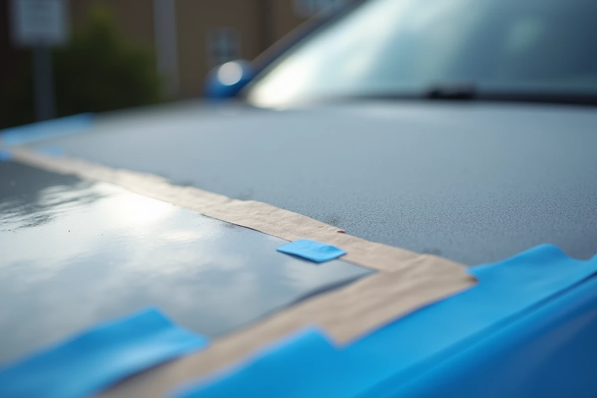 Gros plan sur la transition entre peinture carrosserie ternie et zone rénovée avec bombe aérosol