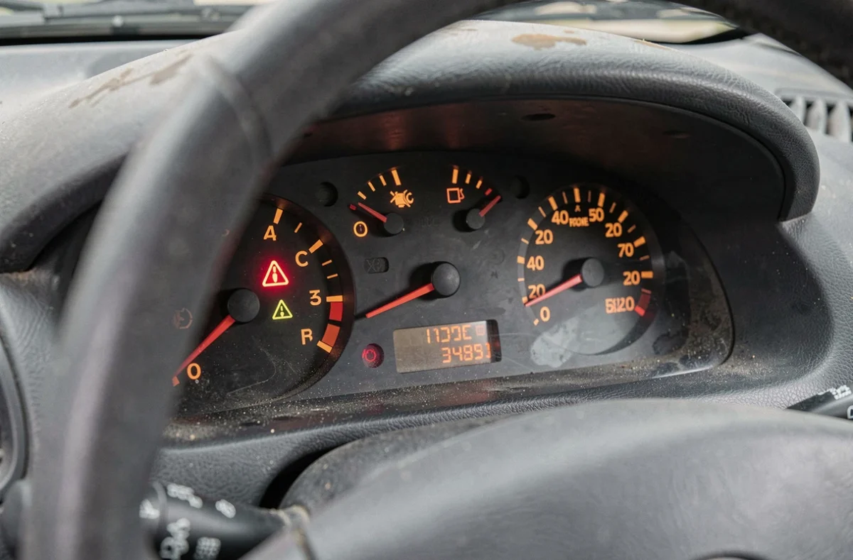 Gros plan sur les voyants allumés du tableau de bord d'une Clio 2, incluant le voyant moteur et batterie