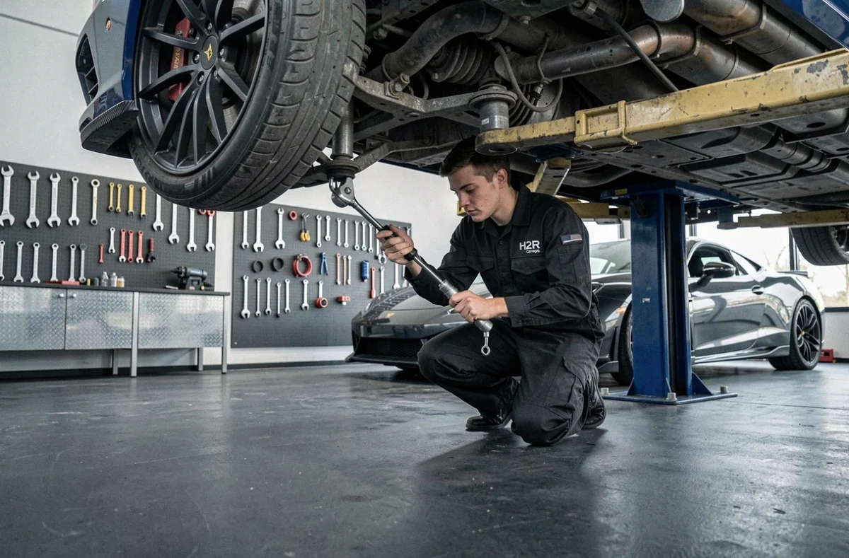 Mécanicien H2R Garage travaillant sous une voiture de sport sur pont élévateur avec une clé dynamométrique