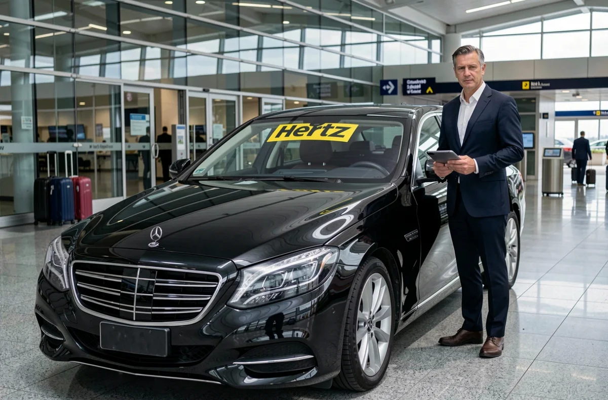 Berline premium noire de type Hertz devant un terminal d'aéroport international avec un conducteur en costume