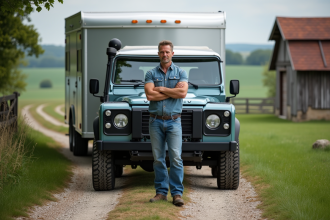 Homme confiant près d'un 4x4 en campagne