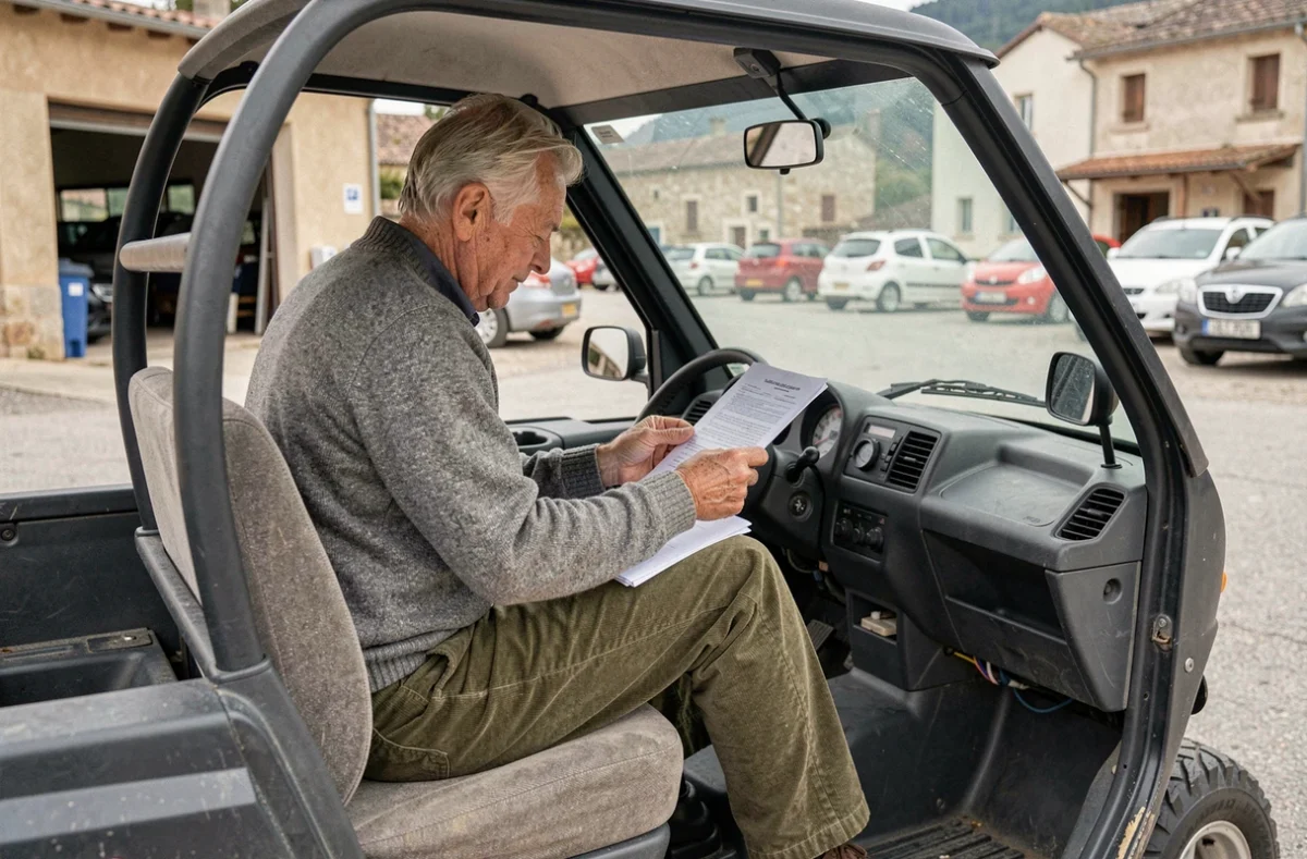 Homme âgé assis dans une voiture sans permis d'occasion en consultant les documents lors d'un achat en Ardèche