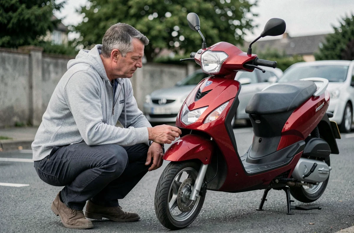 Homme adulte examinant un scooter 125cc rouge dans un parking résidentiel, profil conducteur expérimenté pour devis assurance moto