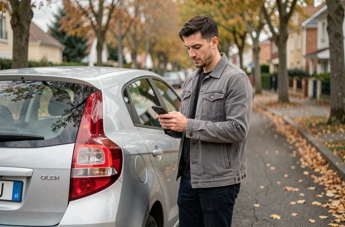 Homme vérifiant son assurance voiture sur smartphone devant sa voiture