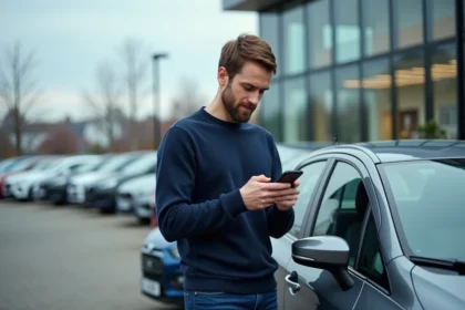 Homme consultant des avis automobiles sur son smartphone devant un concessionnaire lors de sa première visite