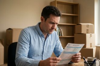 Homme consultant sa carte grise à refaire après un déménagement dans un bureau à domicile