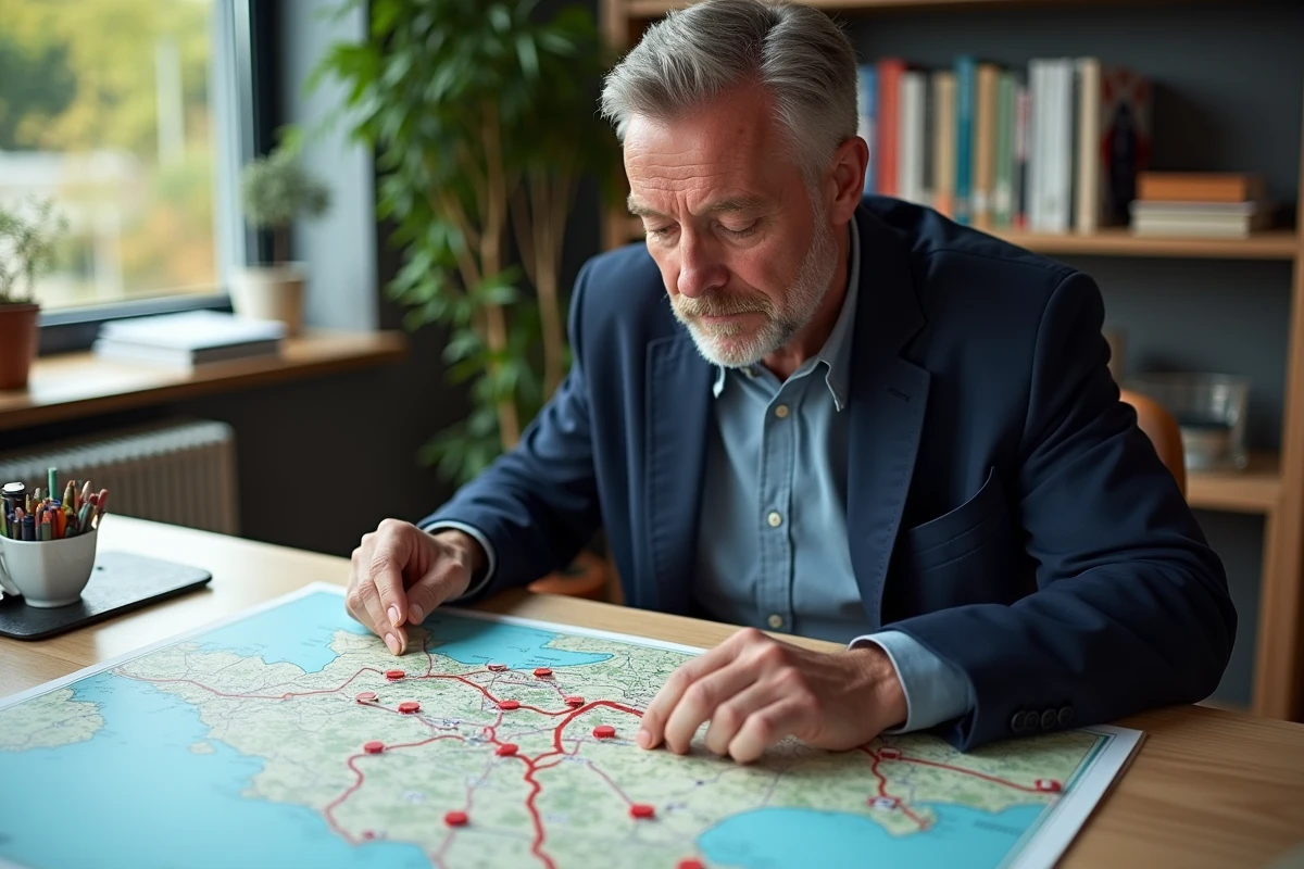 Homme concentré étudiant une carte des autoroutes françaises