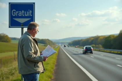 Homme en casual regardant une carte routière au bord de l'autoroute