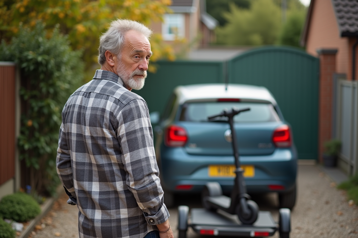 Homme chargeant un scooter dans une cour résidentielle