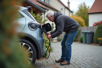Homme branchant une voiture électrique dans une allée de banlieue