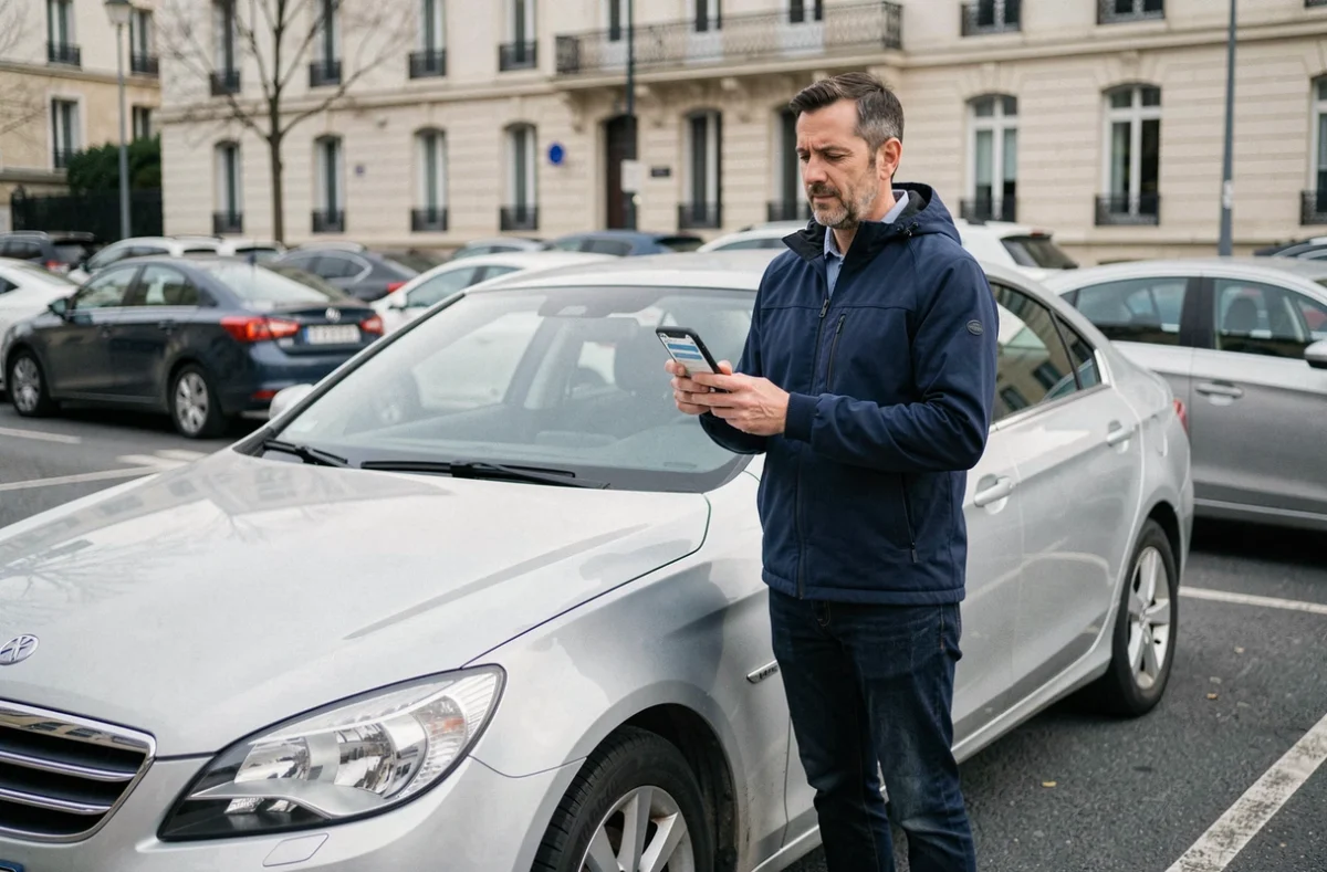 Homme comparant des assurances auto sur smartphone à côté de sa voiture pour changer de contrat