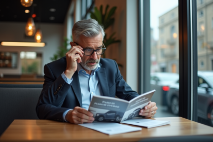 Homme d'âge moyen compare brochures hybrides voiture